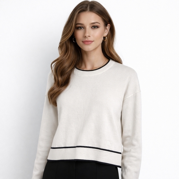 Calvin Klein Sweaters - Calvin Klein Cream White Crewneck Sweater Black Contrast Trim 100% Cotton Sz Xl